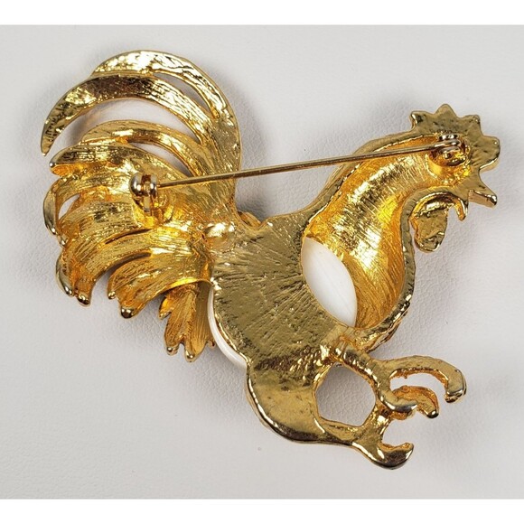 Vintage Moonstone Jelly Belly Body Enamel Crystal Rhinestone Rooster Brooch - Picture 10 of 13